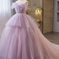 Lilac Strapless Pearls Appliques Tulle Long Prom Dresses Ball Gown SH1644