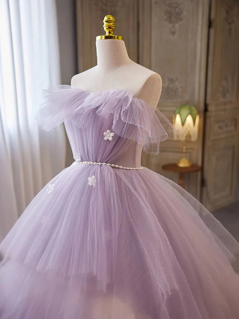 Lilac Strapless Pearls Appliques Tulle Long Prom Dresses Ball Gown SH1644