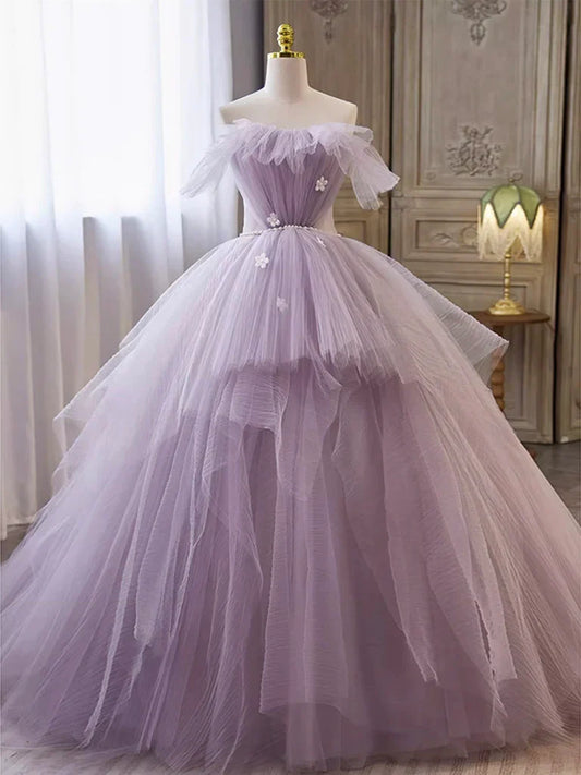 Lilac Strapless Pearls Appliques Tulle Long Prom Dresses Ball Gown SH1644