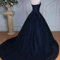 Navy Blue Strapless Sequins Tulle Long Prom Dresses Ball Gown SH1656