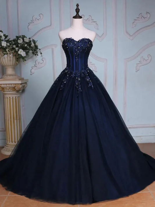 Navy Blue Strapless Sequins Tulle Long Prom Dresses Ball Gown SH1656