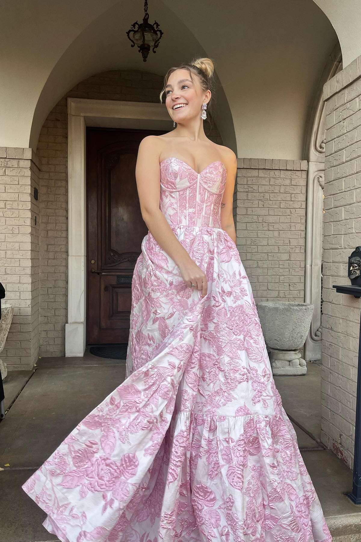 Sweety A Line Sweetheart Neck Corset Print Floral Satin Prom Dress Evening Dress SH6217