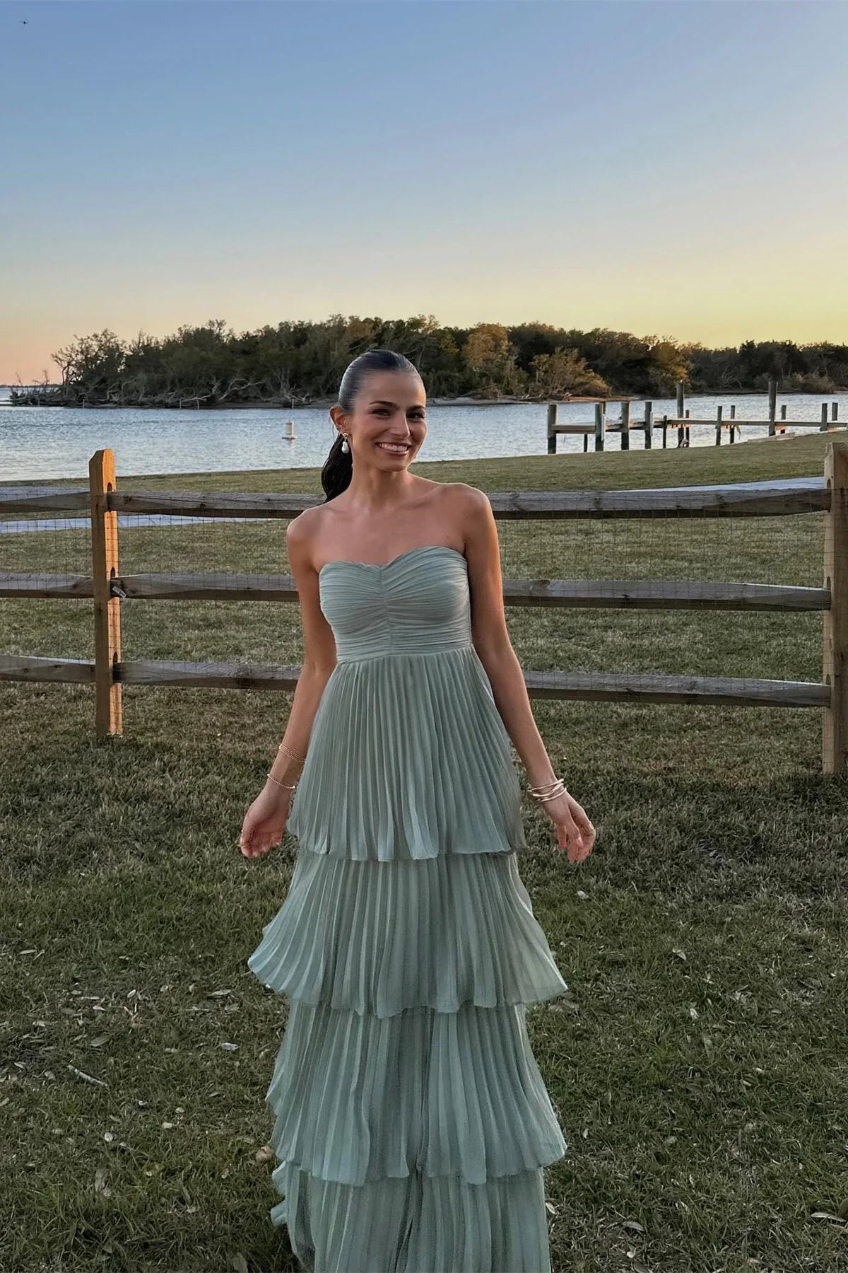 Green A Line Sweetheart Neck Pleated Chiffon Prom Dress Evening Dress SH6218