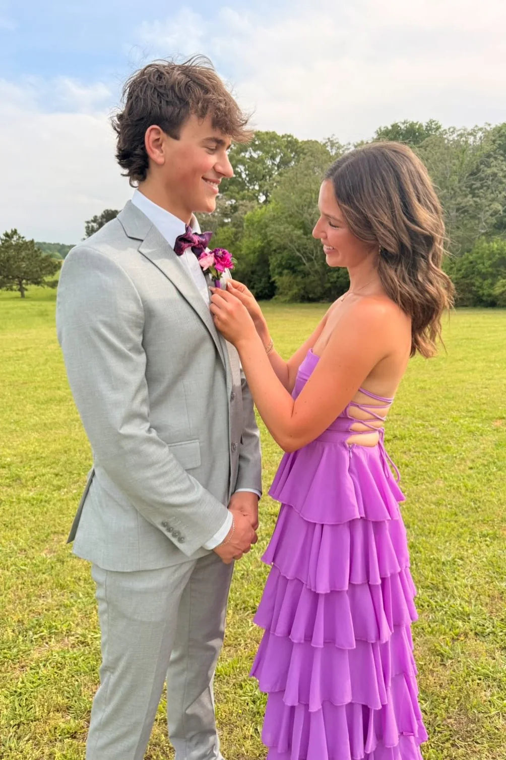 Strapless Purple Ruffle Tiered Long Prom Dress with Slit SH6201