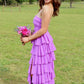 Strapless Purple Ruffle Tiered Long Prom Dress with Slit SH6201