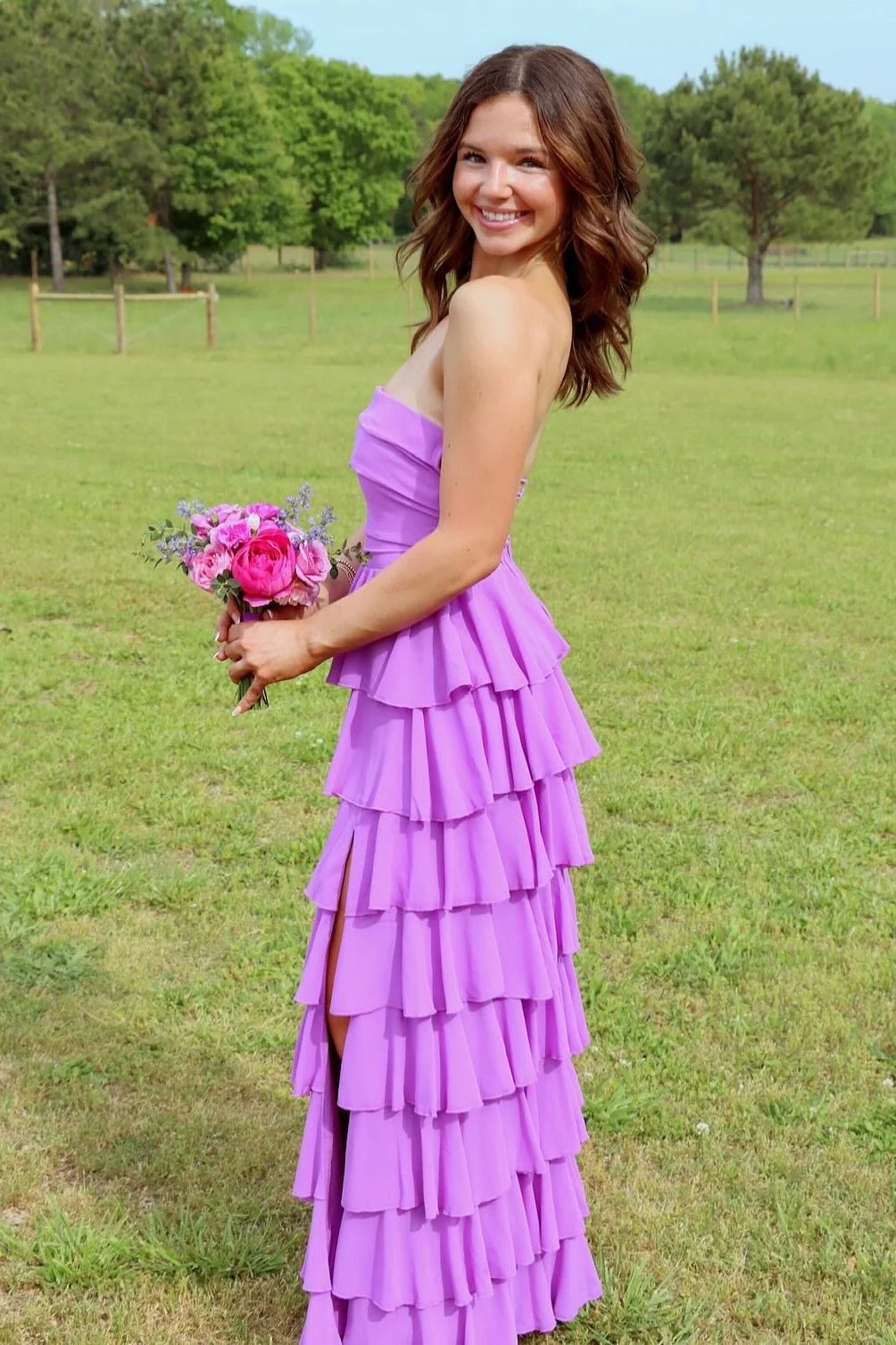 Strapless Purple Ruffle Tiered Long Prom Dress with Slit SH6201