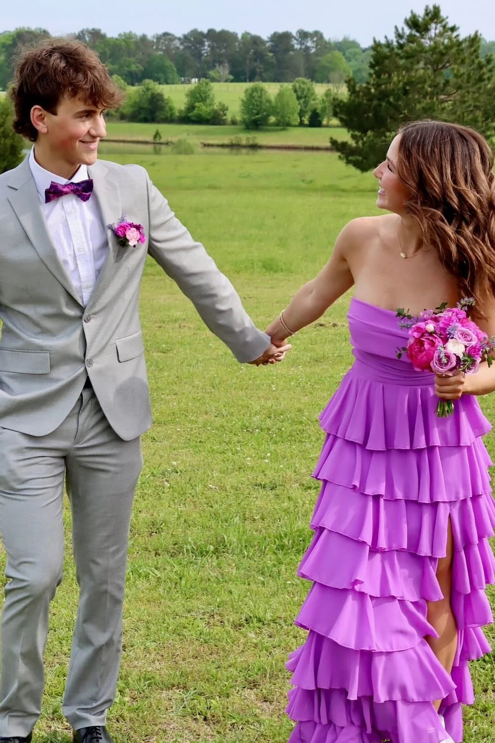 Strapless Purple Ruffle Tiered Long Prom Dress with Slit SH6201