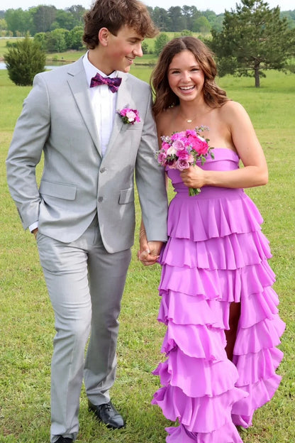 Strapless Purple Ruffle Tiered Long Prom Dress with Slit SH6201