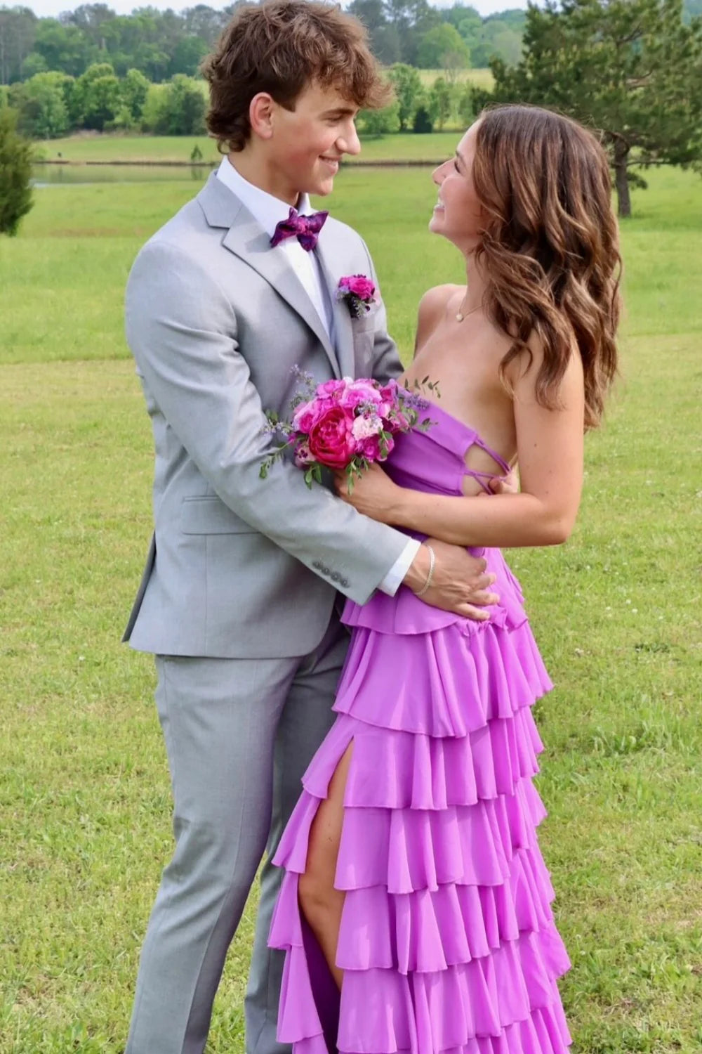 Strapless Purple Ruffle Tiered Long Prom Dress with Slit SH6201