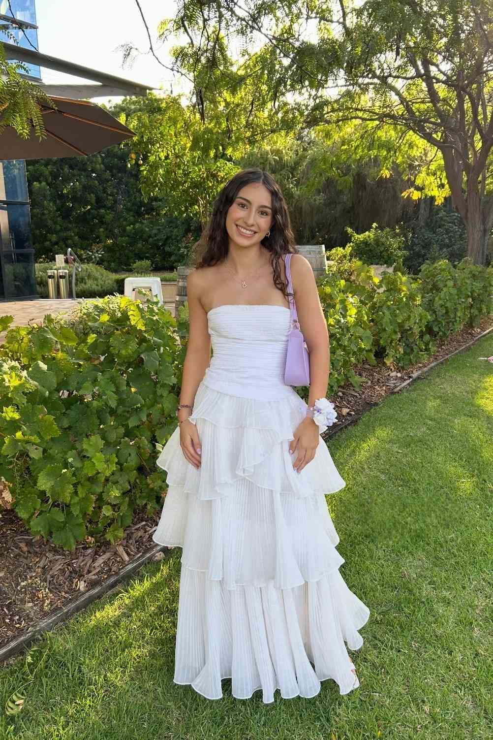 Simple White A Line Strapless Layered Chiffon Prom Dress Evening Dress SH6220