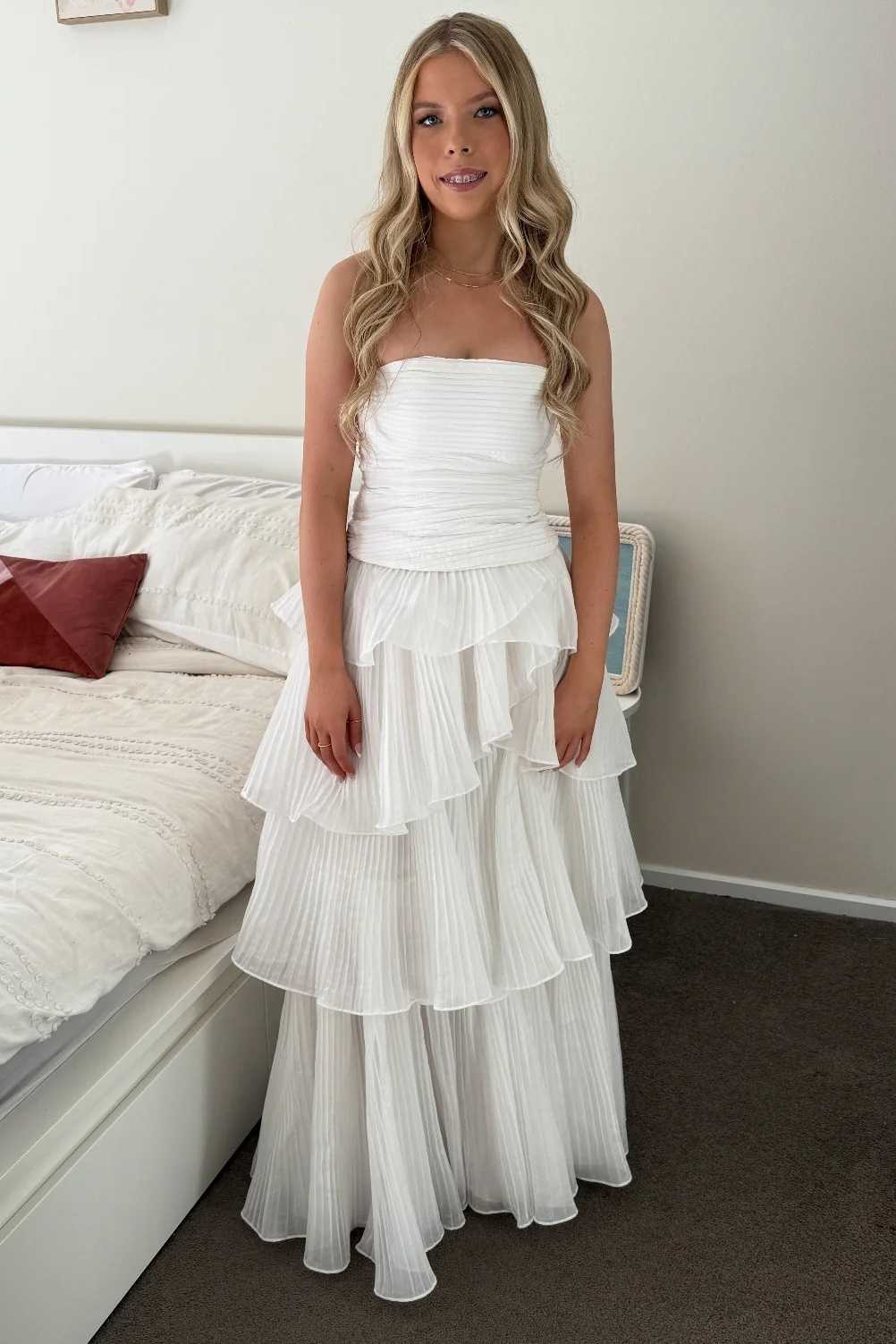 Simple White A Line Strapless Layered Chiffon Prom Dress Evening Dress SH6220