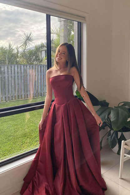 Elegant A Line Strapless Burgundy Satin Prom Dress Evening Dress SH6207