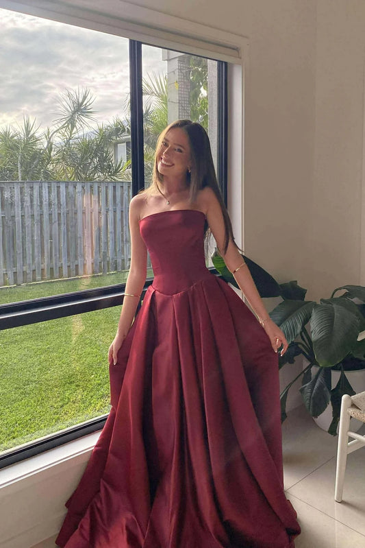 Elegant A Line Strapless Burgundy Satin Prom Dress Evening Dress SH6207