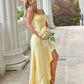 Strapless Yellow Ruffled Hem Long Prom Dress with Slit SH6204