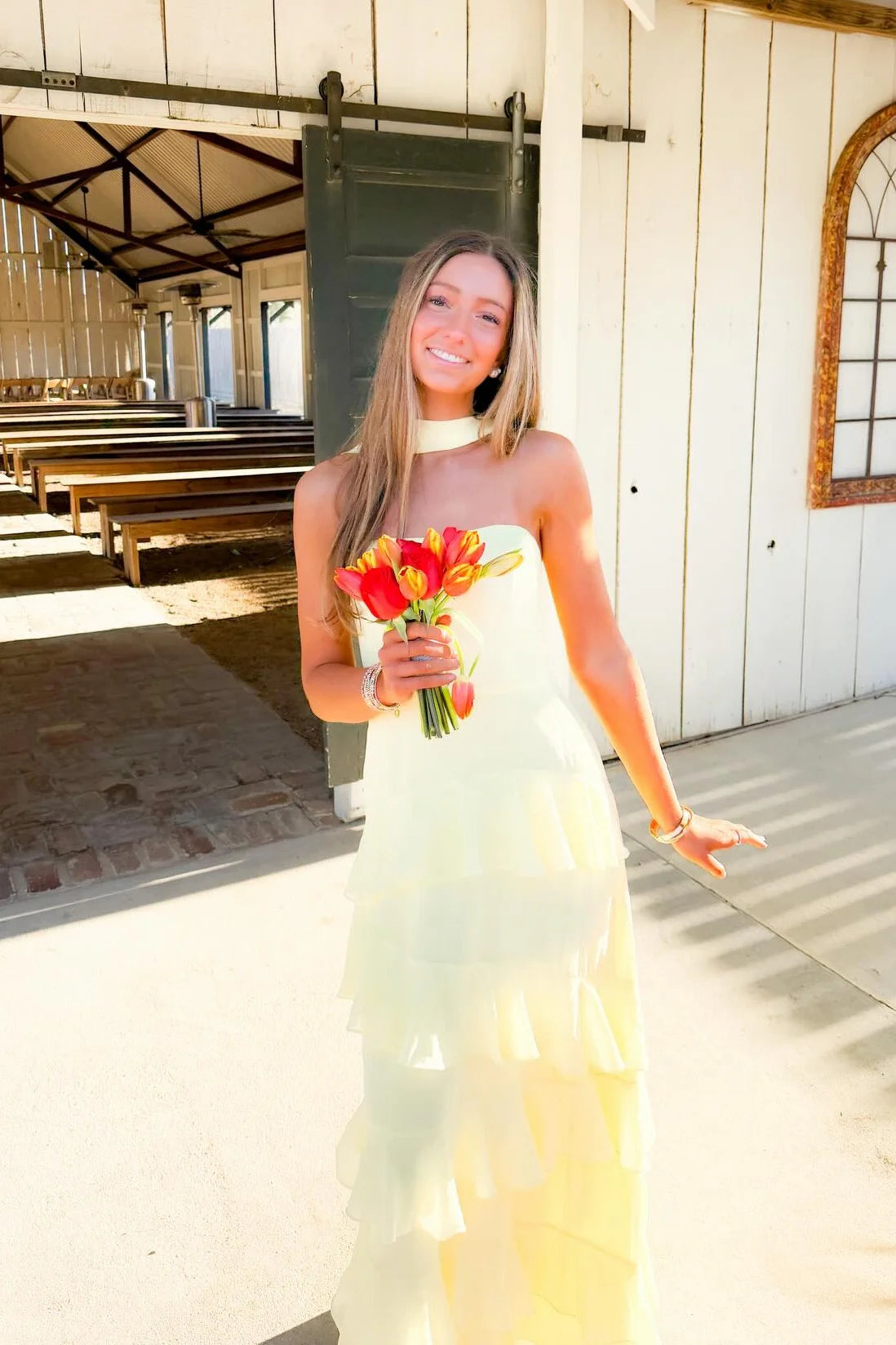 Yellow A Line Strapless Ruffle Chiffon Prom Dress Evening Dress SH6216