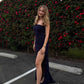 Unique Sheath Strapless Ruffle Aqua Satin Prom Dress Evening Dress with Slit SH6214