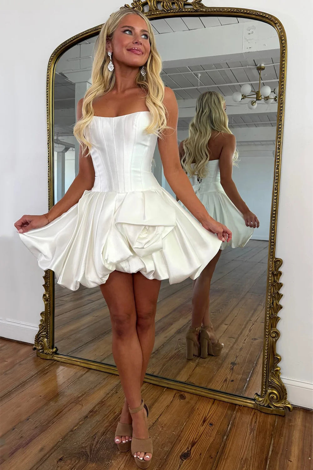 Cute A Line Strapless White Corset Homecoming Dress with 3D Flowers SH7909