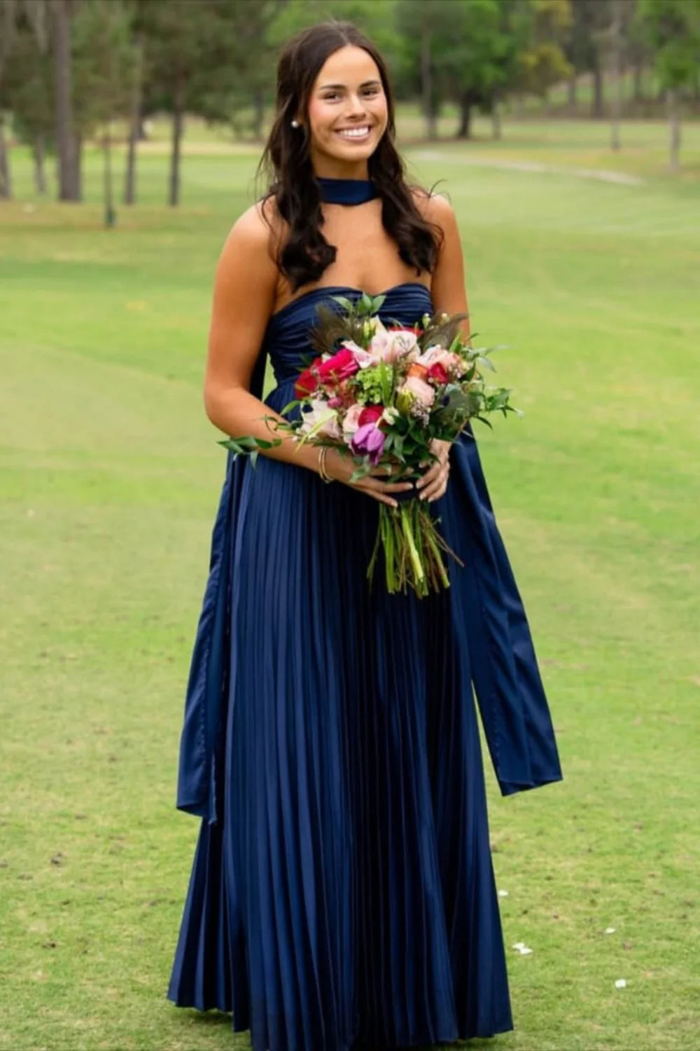 Simple A Line Sweetheart Neck Pleated Satin Prom Dress Evening Dress SH6209