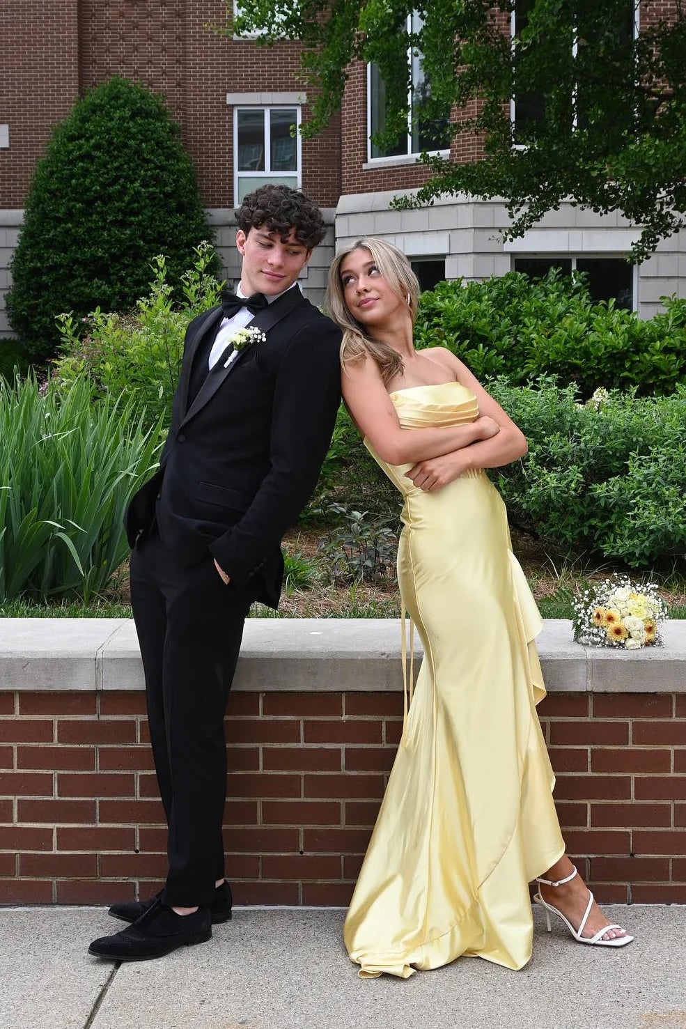 Strapless Yellow Ruffled Hem Long Prom Dress with Slit SH6204