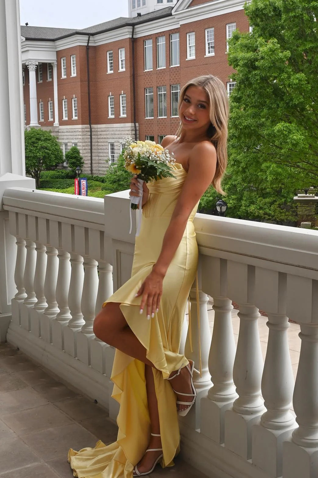 Strapless Yellow Ruffled Hem Long Prom Dress with Slit SH6204