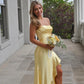 Strapless Yellow Ruffled Hem Long Prom Dress with Slit SH6204