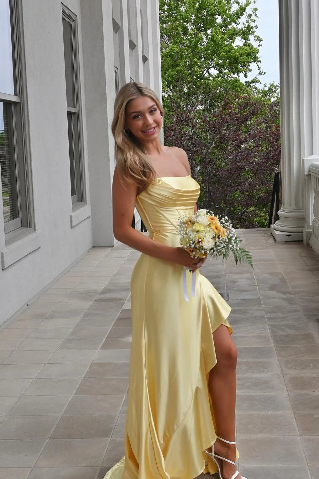 Strapless Yellow Ruffled Hem Long Prom Dress with Slit SH6204