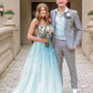 Straps Light Blue Appliques A-line Long Prom Dress SH6202