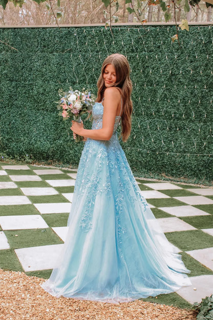 Straps Light Blue Appliques A-line Long Prom Dress SH6202