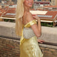 Stunning A Line Off the Shoulder Yellow Satin Short Homecoming Dress SH7498