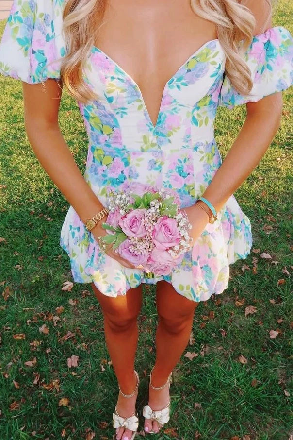 Stunning A Line Sweetheart Blue Printed Short Homecoming Dress with Bowknot SH7460