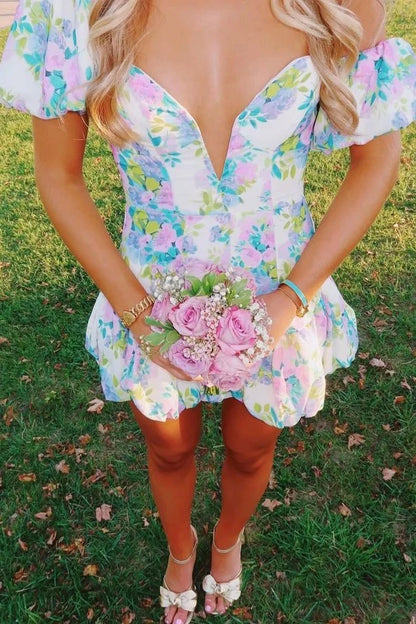 Stunning A Line Sweetheart Blue Printed Short Homecoming Dress with Bowknot SH7460