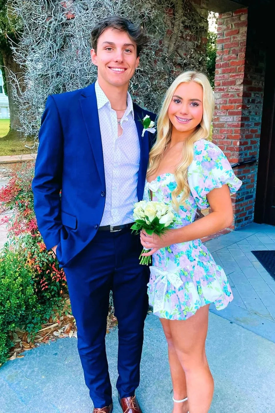Stunning A Line Sweetheart Blue Printed Short Homecoming Dress with Bowknot SH7460