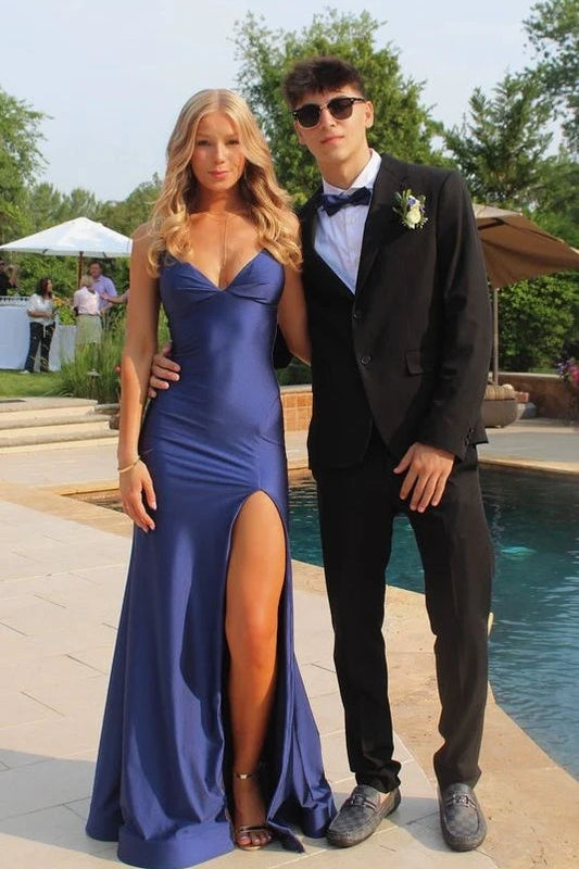 Trendy Mermaid Spaghetti Straps Navy Blue Long Prom Dress with Criss Cross Back SH8286