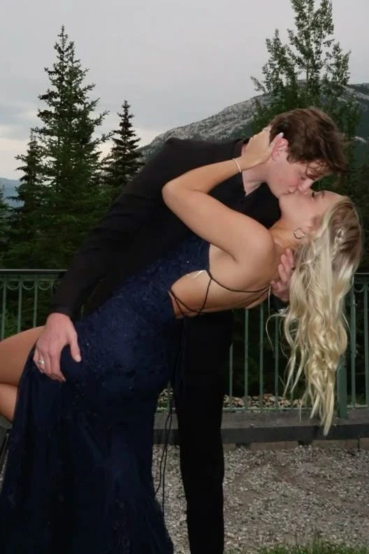 Trendy Mermaid Spaghetti Straps Navy Blue Long Prom Dress with Criss Cross Back SH8286