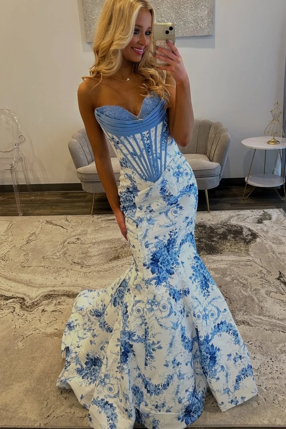 Stunning Mermaid Sweetheart Blue Floral Printed Long Prom Dress with Appliques SH7790