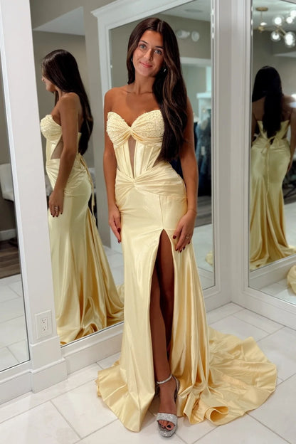 Stunning Mermaid Sweetheart Yellow Corset Prom Dress with Beading SH8111