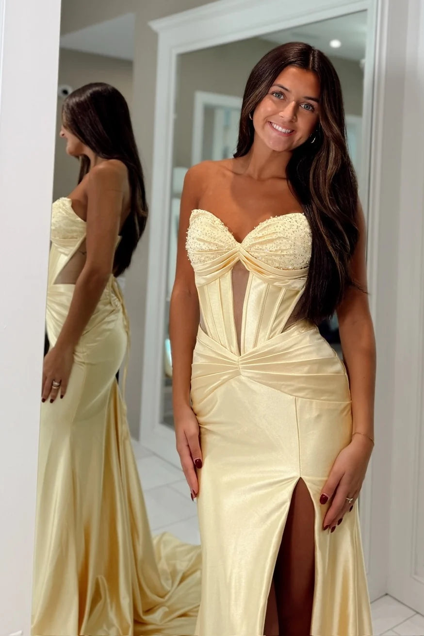 Stunning Mermaid Sweetheart Yellow Corset Prom Dress with Beading SH8111