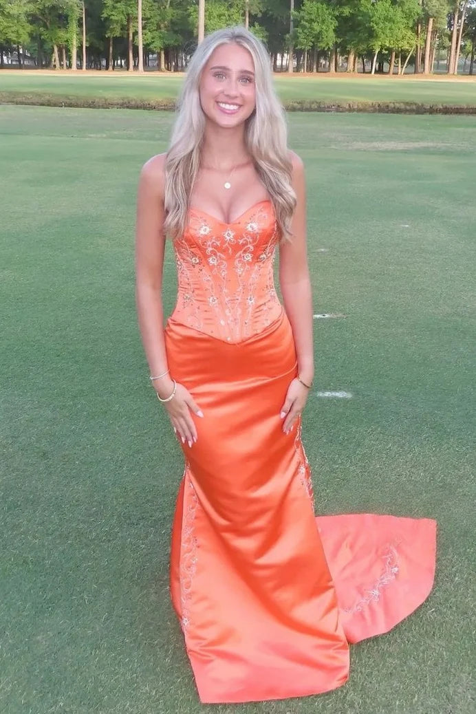 Stunning Mermaid Sweetheart Orange Corset Prom Dress with Embroidery SH7762