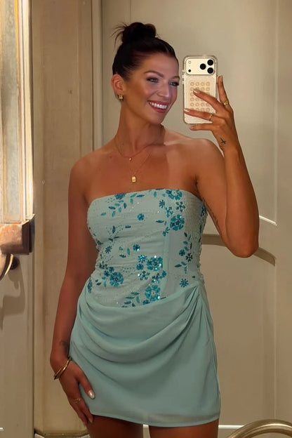 Stunning Sheath Strapless Blue Short Homecoming Dress with Beading SH7882