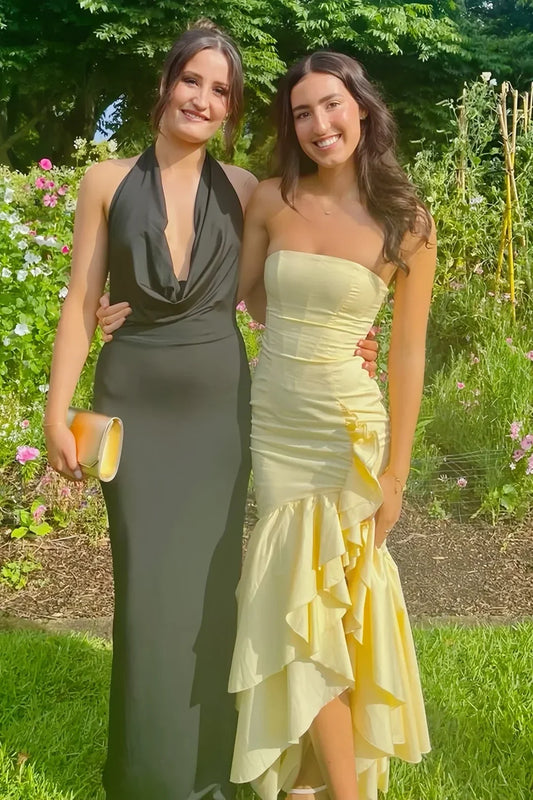 Stunning Sheath Strapless Yellow Long Prom Dress with Ruffles SH8172