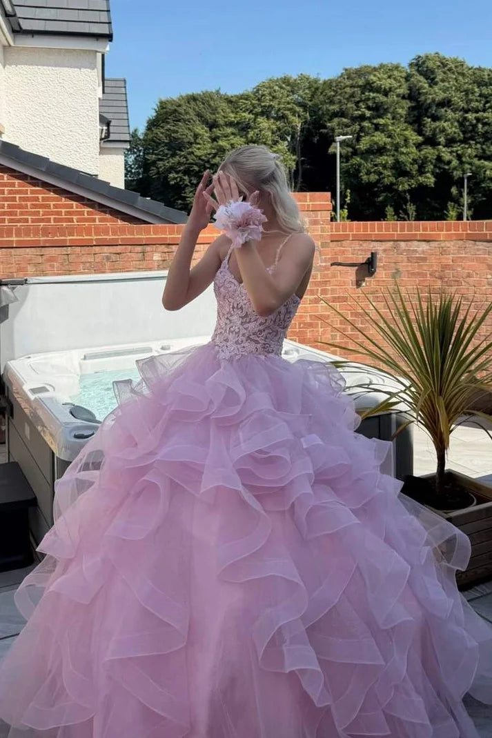 Sweety Pink Ball Gown Spaghetti Strap Lace Appliques Layered Tulle Long Prom Dress SH8200