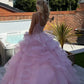 Sweety Pink Ball Gown Spaghetti Strap Lace Appliques Layered Tulle Long Prom Dress SH8200