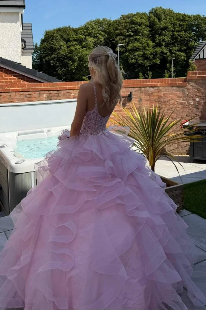 Sweety Pink Ball Gown Spaghetti Strap Lace Appliques Layered Tulle Long Prom Dress SH8200