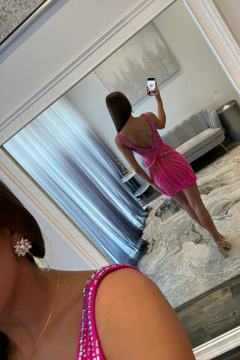 Sparkly Sheath Deep V Neck Fuchsia Short Homecoming Dress with Beading SH7986
