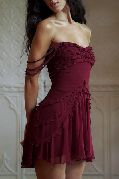 Stylish A Line Off the Shoulder Burgundy Short Homecoming Dress with Ruffles SH7898