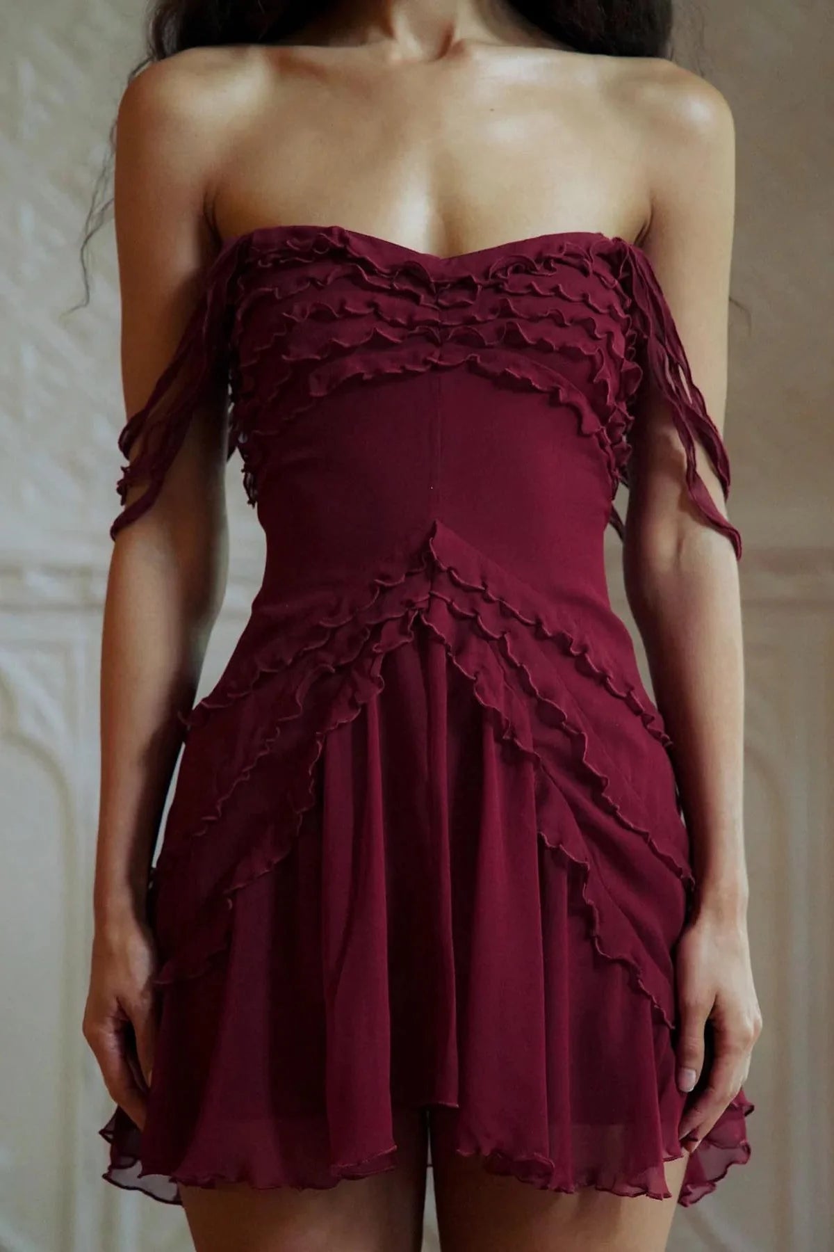 Stylish A Line Off the Shoulder Burgundy Short Homecoming Dress with Ruffles SH7898