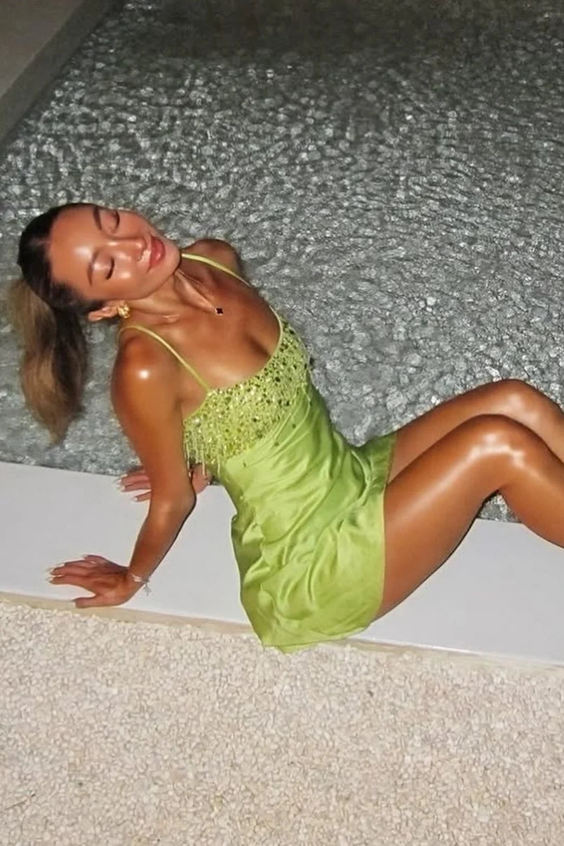 Stylish A Line Spaghetti Straps Green Satin Short Homecoming Dress with Tassels SH7817