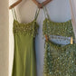 Stylish A Line Spaghetti Straps Green Satin Short Homecoming Dress with Tassels SH7817