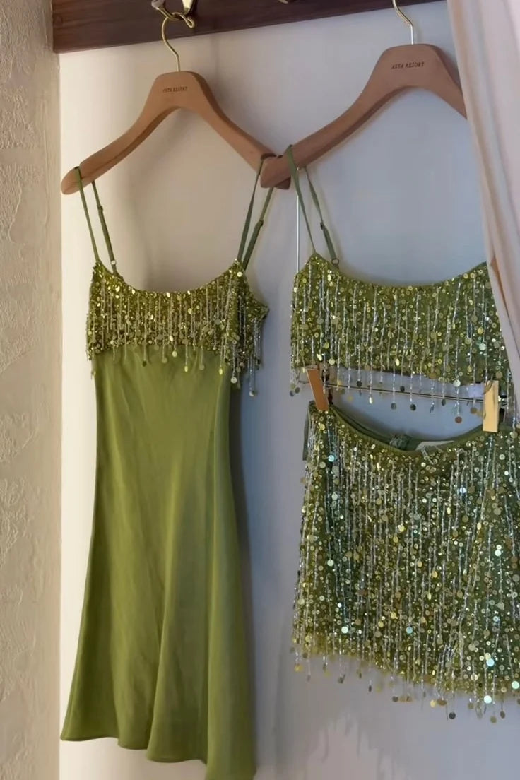 Stylish A Line Spaghetti Straps Green Satin Short Homecoming Dress with Tassels SH7817