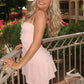Light Pink Stylish A Line Spaghetti Straps Satin Short Homecoming Dress with Appliques SH7473